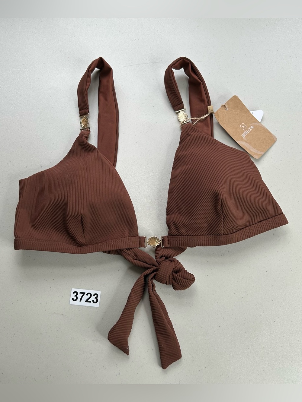 Berlook XL Ribbed Brown Gold-Accented Bikini Top